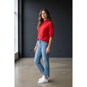 THEORY Jodi B. Cashmere Sweater Mock Neck Red Size Large Half Sleeves Minimalist